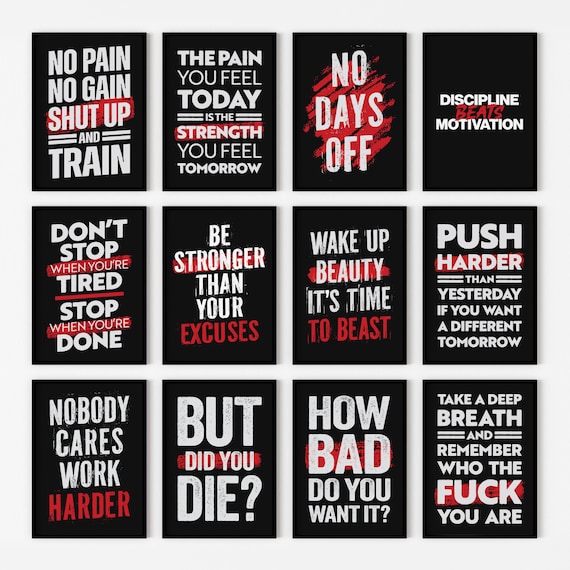 Gym Wall Art Set of 12 Prints | Home Gym Decor | Gym Motivational Poster | Home Gym Sign | Funny Gym Quotes | Fitness Motivation Wall Art