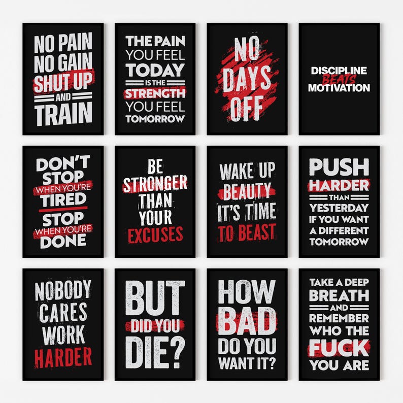 May include: Set of 12 motivational quotes printed on black and red backgrounds. The quotes are about fitness, strength, and pushing yourself to be better.