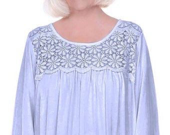 Home Care Line Open Back nightgown for Women with Lace Womens Cotton Hospital Gown-Long Sleeve-Assisted Dressing-Nursing Home-Blue