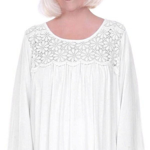 Home Care Line Open Back nightgown for Women with Lace-Cotton Hospital Gown-Long Sleeve-Assisted Dressing-Nursing Home-White