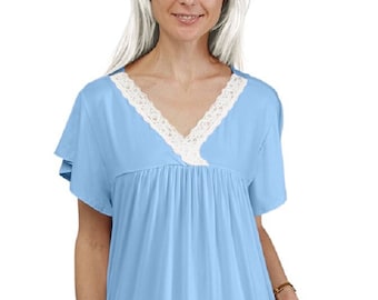 Womens Short Sleeve Nightgown: Soft Knit Loungewear with Lace Neck