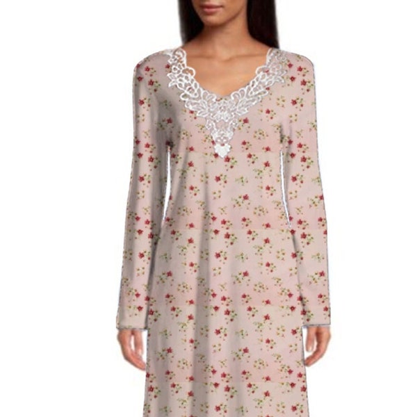 Home Care Line SOOO Soft Open Back Nightgown for Ladies Long Sleeve-Assisted Dressing-Floral Print with Lace Trim-Hospice Nightgown-Pink
