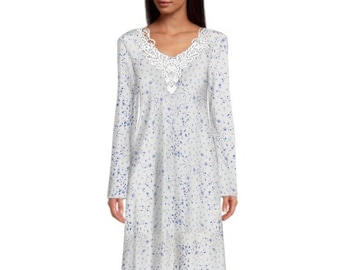 Home Care Line Open Back Nightgown for Women-Long Sleeve-Assisted Dressing-Floral Print with Lace Trim-Hospital gown-Ivo/Blue