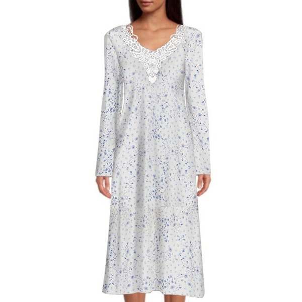 Home Care Line Open Back Nightgown for Women-Long Sleeve-Assisted Dressing-Floral Print with Lace Trim-Hospital gown-Ivo/Blue