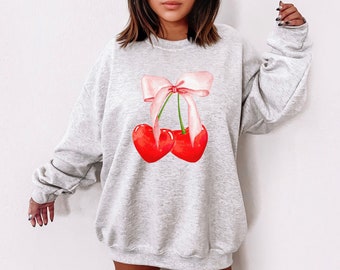 Coquette Cherry Sweatshirt Preppy Ribbon Crewneck Valentines Sweater Coquette Clothing