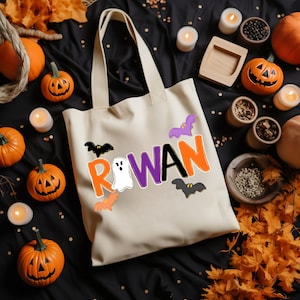 Personalized Halloween Tote Bag Trick or Treat Candy Bag For Kids Custom Halloween Treat Bag Halloween Ghost Tote