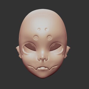 May include: A close-up of a doll's head with a smooth, light pink skin tone. The doll has large, closed eyes, a small nose, and a slightly pouty mouth. There are three small, circular indentations on the forehead.