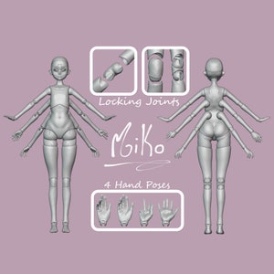 May include: A gray, articulated doll with four arms and legs. The doll has a human-like face and is posed with its arms outstretched. The image also shows close-up views of the doll's locking joints and four different hand poses. The text "Miko" and "4 Hand Poses" is visible in the image.