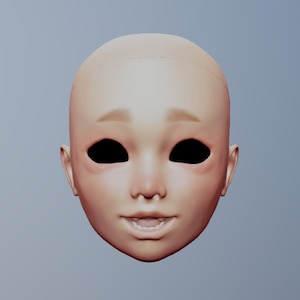May include: A close-up of a doll's face with closed eyes and a smiling mouth. The doll has a light skin tone and a simple, realistic appearance.