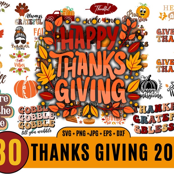 30 Retro Thanksgiving svg Bundle, thanks giving svg, thankful svg, turkey face svg, give thanks png, Svg Files for Cricut, Sublimation_BD