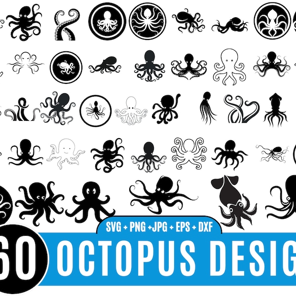 60 Octopus SVG BUNDLE, Kraken SVG, Octopus Legs Svg, Tentacle border Svg, sea monster svg, Black Octopus Svg, squid svg, files for Cricut