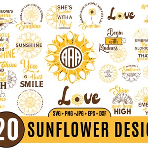 20 Pacote SVG de Girassol, Monograma Svg, Girassol SVG, Flor Svg, Meio Girassol Svg, Arquivo de Corte Cricut, Girassol Clipart Png, Silhouette_BD