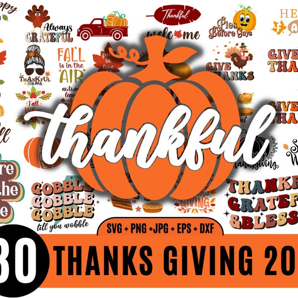 30 Retro Thanksgiving svg Bundle, thankful svg, thanks giving svg, turkey face svg, give thanks png, Svg Files for Cricut, Sublimation_BD