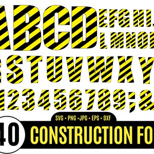 40 lettres rayées, En construction, Numéros de construction, Police vectorielle, Alphabet svg, Lettres de construction _BD