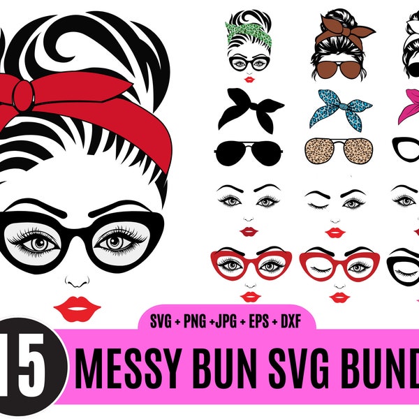 15 Messy bun svg bundle, Messy bun redhead svg, Momlife Mom skull SVG, Messy Hair svg, Messy bun with glasses svg_BD