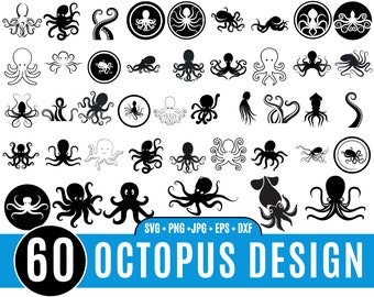 60 OCTOPUS svg BUNDLE, Kraken SVG, Octopus Legs Svg, Tentacle border Svg, sea monster svg, Black Octopus Svg, squid svg, files for Cricut