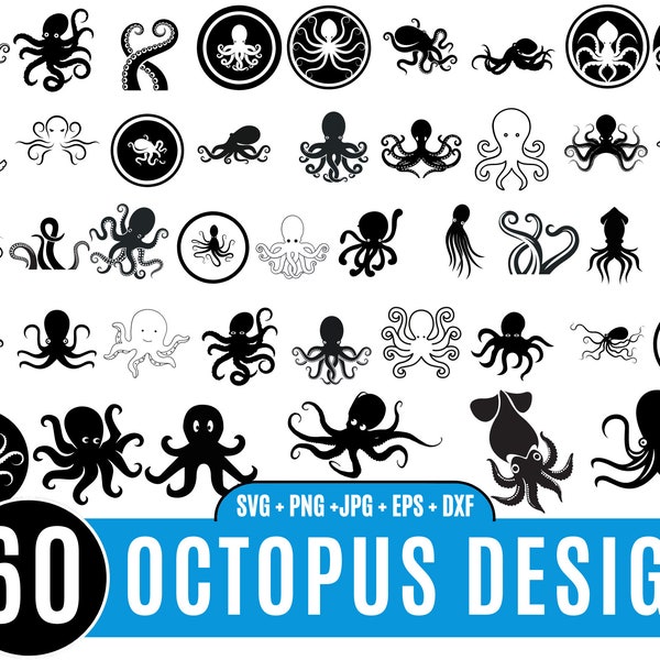 60 OCTOPUS svg BUNDLE, Kraken SVG, Octopus Legs Svg, Tentacle border Svg, sea monster svg, Black Octopus Svg, squid svg, files for Cricut