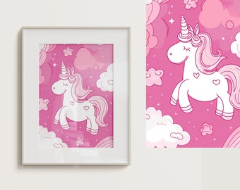 Pink Unicorn cute wall poster, ready to print