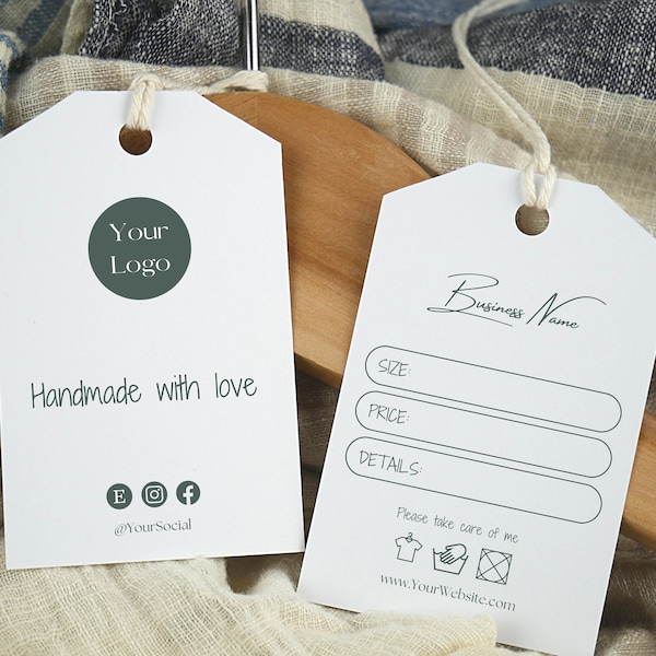 Printed Clothes Price Tags with White Cotton Twine Simple | Business | Double Sided | Personalised, Custom | Hanging | Swing | Free Delivery