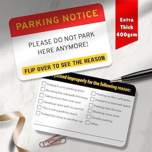 Aviso de estacionamiento impreso de doble cara / Mal lugar de estacionamiento / Evite los malos hábitos