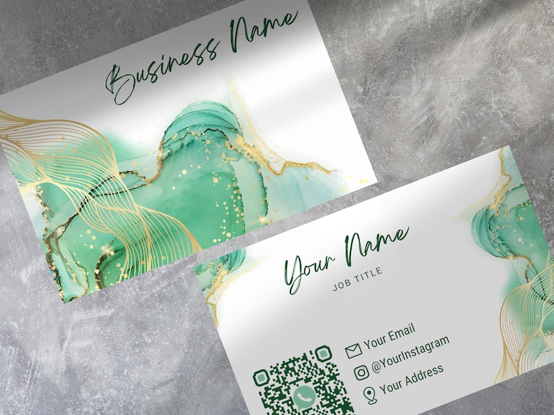QR-Code gedruckte Visitenkarten personalisiert Gold-Smaragdgrün-Thema Doppelseitig Fügen Sie Logo und Social-Media-Details hinzu Squared