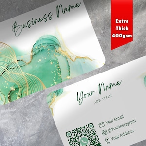 Tarjetas de presentación personalizadas con impresión de código QR / Verde esmeralda dorado / Doble cara / Agregue sus datos / Tarjeta gruesa de 400 g/m²