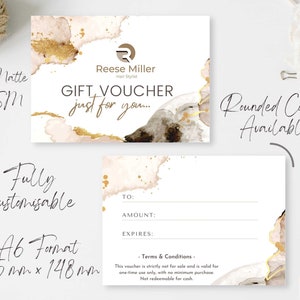 Vale-presente impresso em mármore dourado com envelope opcional, frente e verso, adicionar logotipo ou imagem, personalizado para pequenas empresas, formato A6