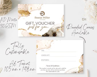 Printed Gift Vouchers Golden Marble with Optional Envelope, Double Sided, Add Logo or Image, Personalised for Small Businesses, A6 Format