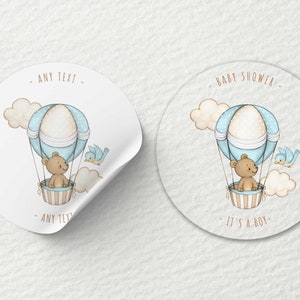 Printed Round Stickers Personalised | Teddy Hot-Air Balloon Boy | 25mm, 45mm | Matte, Glossy, Transparent/Clear | Business, Events, Birthday