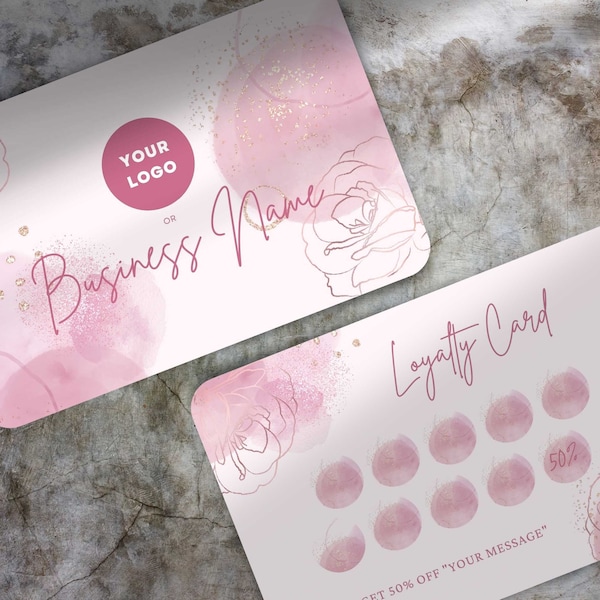Printed Loyalty Cards Customised for You | Pink Rose | Double Sided | Thick Cardstock | Add Logo, Social Media Details