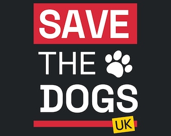 May include: A set of 96 square stickers with a gloss finish, each measuring 45mm. The design features a black background with the red and white text SAVE THE DOGS, a white paw print icon, and a small yellow box containing the letters UK.