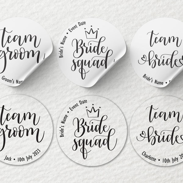 Printed Round Stickers Personalised | Bride/Groom Team/Squad | 25mm, 45mm | Matte, Glossy, Transparent/Clear | Events, Wedding