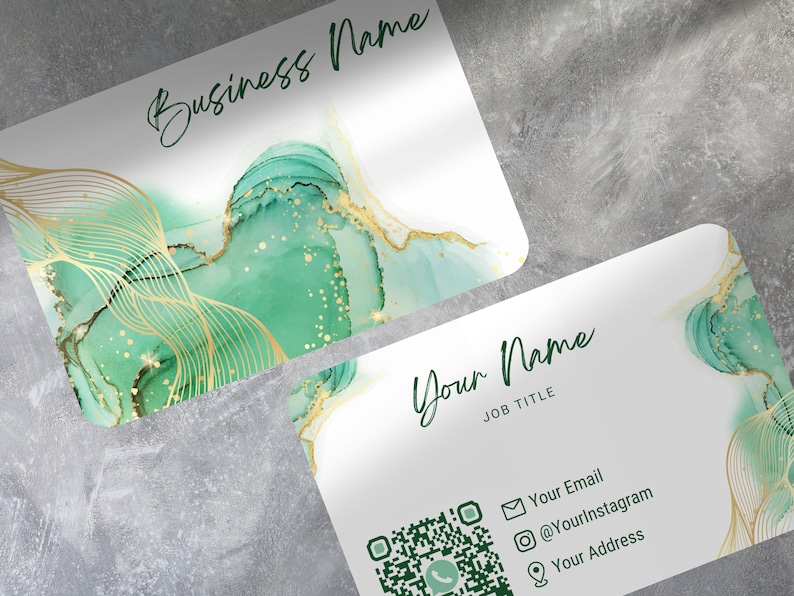 QR-Code gedruckte Visitenkarten personalisiert Gold-Smaragdgrün-Thema Doppelseitig Fügen Sie Logo und Social-Media-Details hinzu Rounded