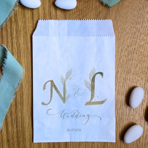 Sacchetti per caramelle personalizzati per matrimonio / Iniziali verdi floreali / 15 cm × 10 cm / Bianco / Cerimonia, Sposa, Matrimonio, Festa, Evento
