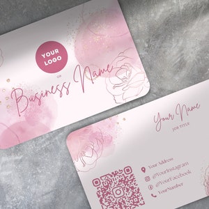 QR Code Printed Business Cards Personalised | Pink Rose Theme | Double Sided | Add Logo and Social Media Details