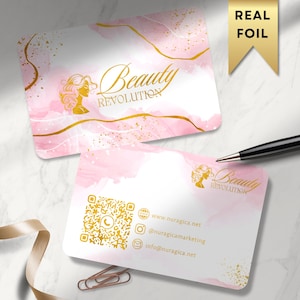 Biglietti da visita colorati laminati stampati di lusso con codice QR fronte-retro / oro, argento, oro rosa, rosa / rosa astratto laminati / 400 gsm