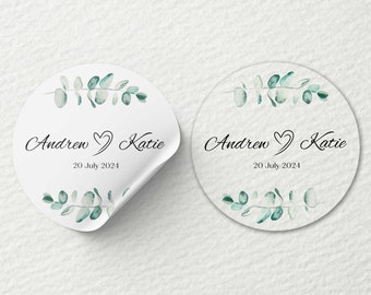 Printed Round Stickers Personalised | Eucalyptus Theme | 25mm, 45mm  | Matte, Glossy, Transparent/Clear | Business, Events, Wedding