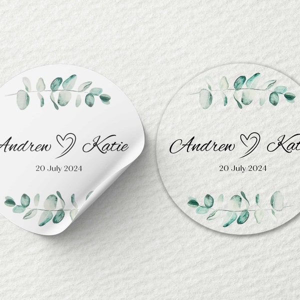 Printed Round Stickers Personalised | Eucalyptus Theme | 25mm, 45mm  | Matte, Glossy, Transparent/Clear | Business, Events, Wedding