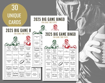 Super Big Game Bingo 30 Cards | 2025 Big Game Bingo | Football Bingo For The Big Game