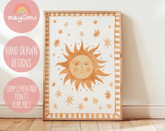 Lámina infantil con diseño de sol / Cuadro infantil con diseño de sol / Arte de pared neutro para niños / Arte de pared bohemio para niños / Lámina infantil celestial
