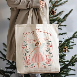 Christmas Tote Bag, Nutcracker Sugarplum Fairy Design, Reusable Shopper Christmas, Suatainable Wrapping Ideas, Canvas Bag Christmas Theme