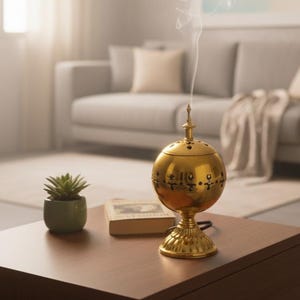 Peut inclure: Un brûleur d'encens doré, de forme sphérique, dégageant de la fumée. Il est posé sur une table en bois sombre, à côté d'une petite plante et d'un livre. L'arrière-plan présente un salon avec un canapé et une œuvre d'art, créant une ambiance relaxante.
