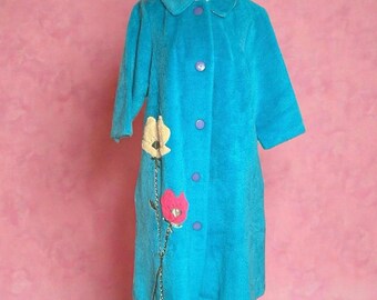 Vintage 1960s Turquoise Cotton Velour Coat, Rare 100% Cotton Floral Appliqué Mod Jacket, Mid Century Swing Coat, Size L 14