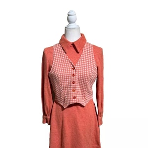 Vintage 1960s Fall Mini Dress with Gingham Vest, Long Sleeved Collared Coral Mod Dress Size 28w