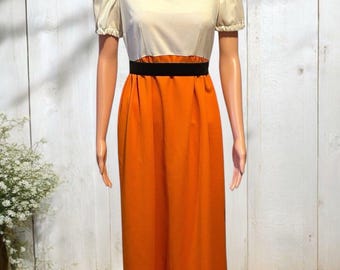 Vintage 1960s Prairie Dress Maxi Orange Cottagecore Puff Sleeve 32w L Heritage