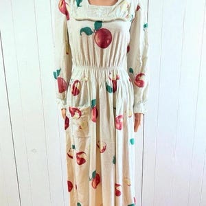 Vintage 1950s Prairie Maxi Dress, Flannel Apple Print Dress With Fringe Womens Size L-XL