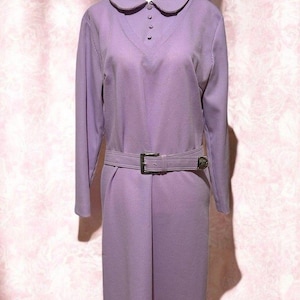 Vintage 60s Lavender Mod Dress | Vtg 1960s Size L Dress, Ribbed With Peter Pan Collar & Belt | Pretty Purple