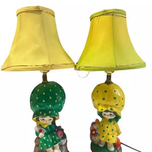 Vintage Holly Hobbie Lamp Hand-painted Yellow and Green Retro Decor Rare 1960s