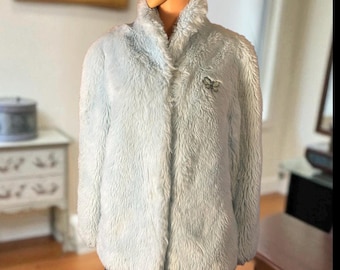 Vintage ASTRAKA Of London, Vegan Faux Fur Coat, Rare Baby Blue Vegan Faux Fur Jacket, Made In England, attached Dragonfly Brooch