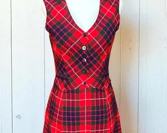 Vintage 60s Bobbie Brooks Red Plaid Wool Dress, Small 29W • Academia Mod Mini Jumper